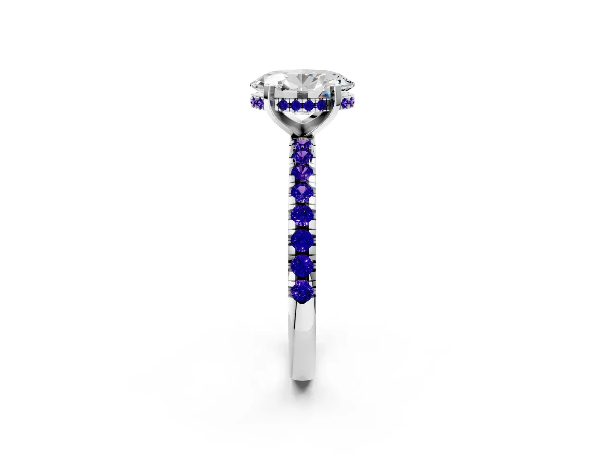 Oval Cut Diamond Solitaire Ring with Round Tanzanite Pavé Band and Four-Prong Setting Silver