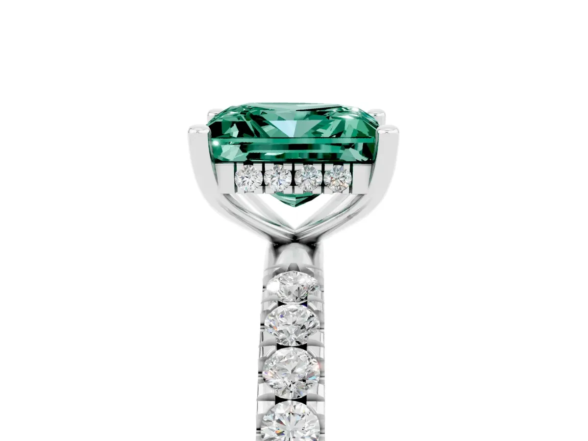 Princess Cut Green Sapphire Pave Band Solitaire Ring with Round and Prong Setting Platinum