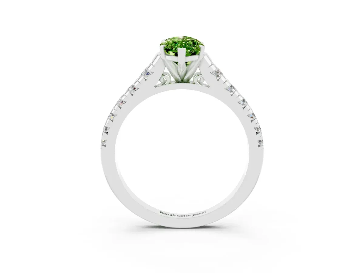 Marquise Cut Peridot Cathedral Solitaire Ring with Round Pavé Band Platinum