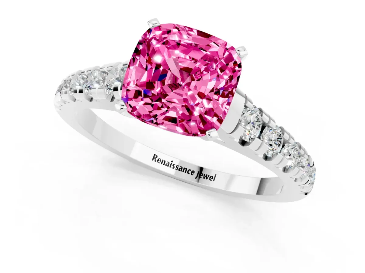 Cushion Cut Pink Sapphire Cathedral Solitaire Ring with Round Pavé Band Platinum