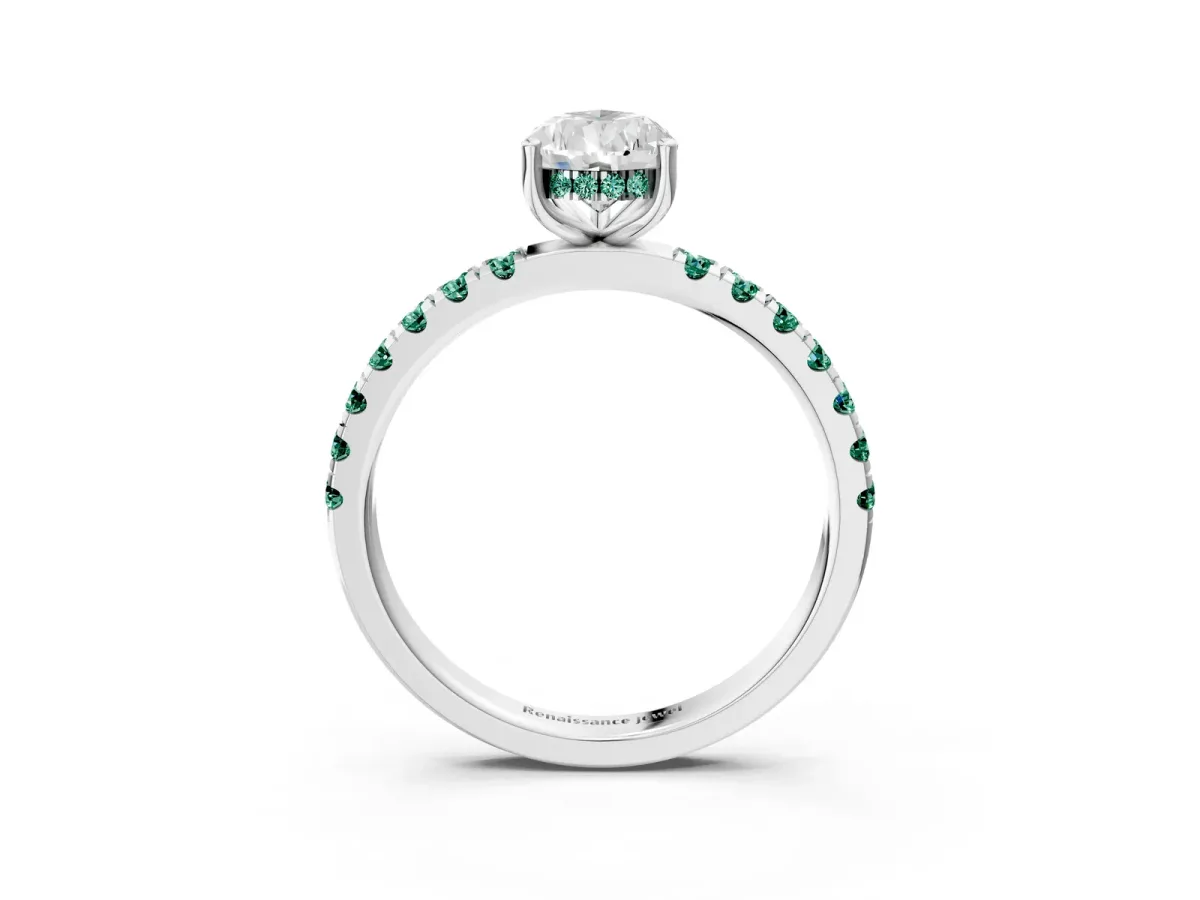 Pear Cut Diamond Pave Band Solitaire Ring with Round Green Sapphire and Prong Setting White gold