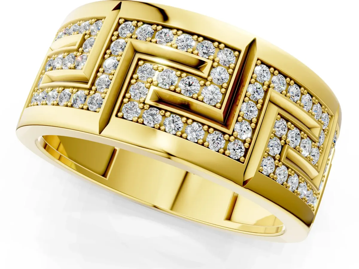 Round Diamond Pavé Greek Key Mens Band Yellow gold