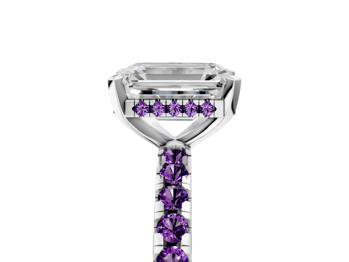 Emerald Cut Diamond Solitaire Ring with Round Amethyst Pavé Band and Four-Prong Setting Platinum