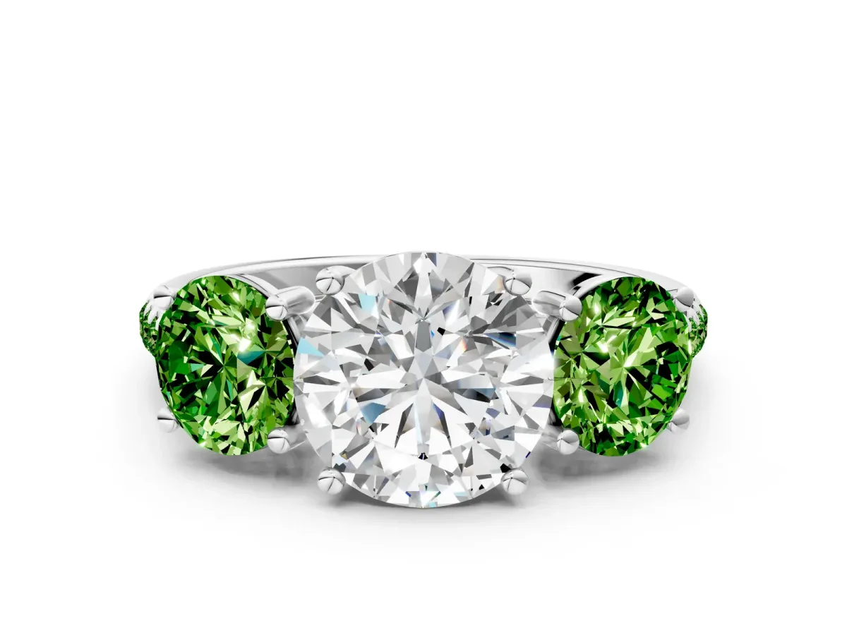 Three-Stone Round Cut Diamond Ring with Round Peridot Pavé Band and Prong Setting White gold