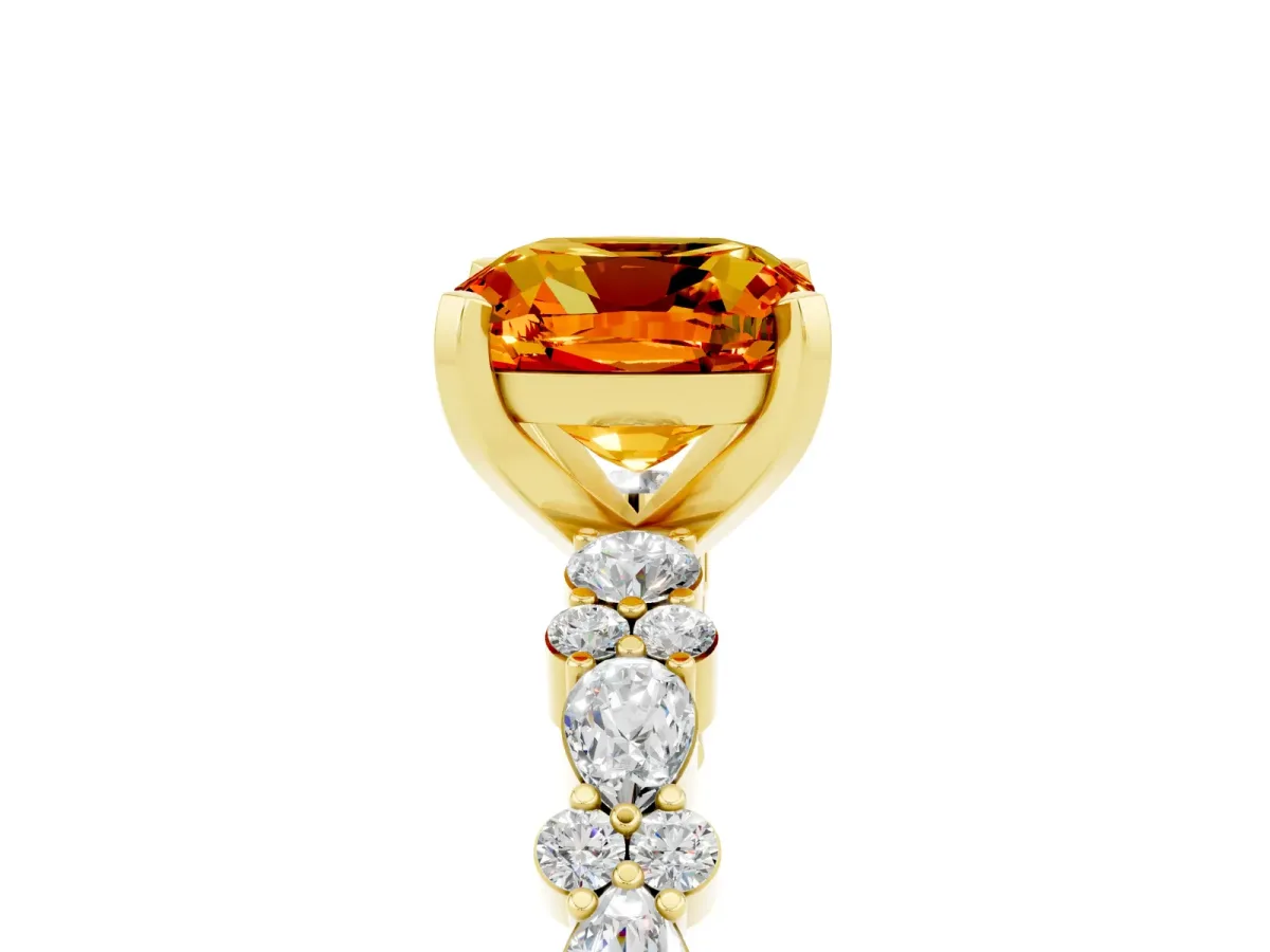 Cushion Cut Citrine Side Stone Solitaire Ring with Round and Four-Prong Setting Yellow gold