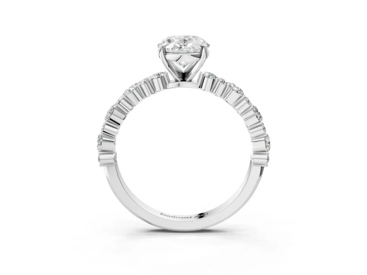 Oval Cut Diamond Side Stone Solitaire Ring with Round and Four-Prong Setting Platinum