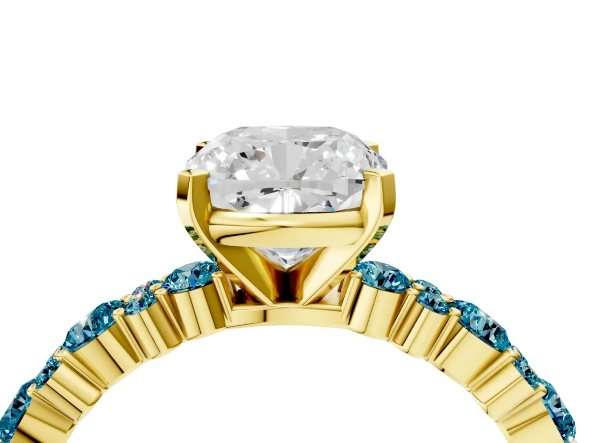 Cushion Cut Diamond Side Stone Solitaire Ring with Round Blue Topaz and Four-Prong Setting Yellow gold