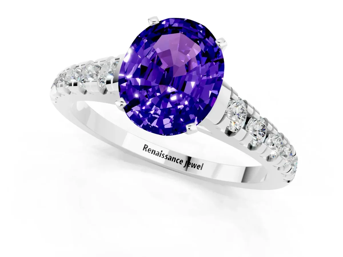 Oval Cut Tanzanite Cathedral Solitaire Ring with Round Pavé Band White gold