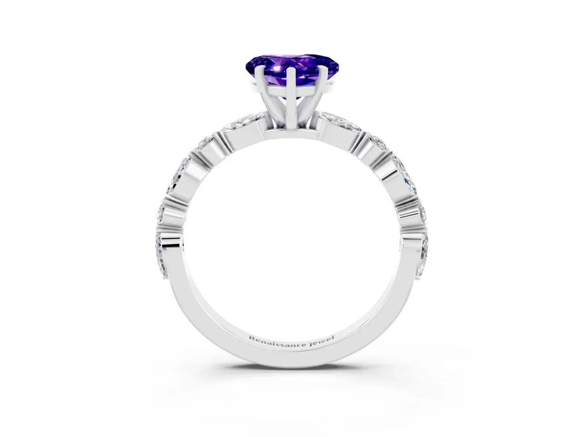 Heart Cut Tanzanite Ring with Marquise and Round Side Stones and Four-Prong Setting Silver
