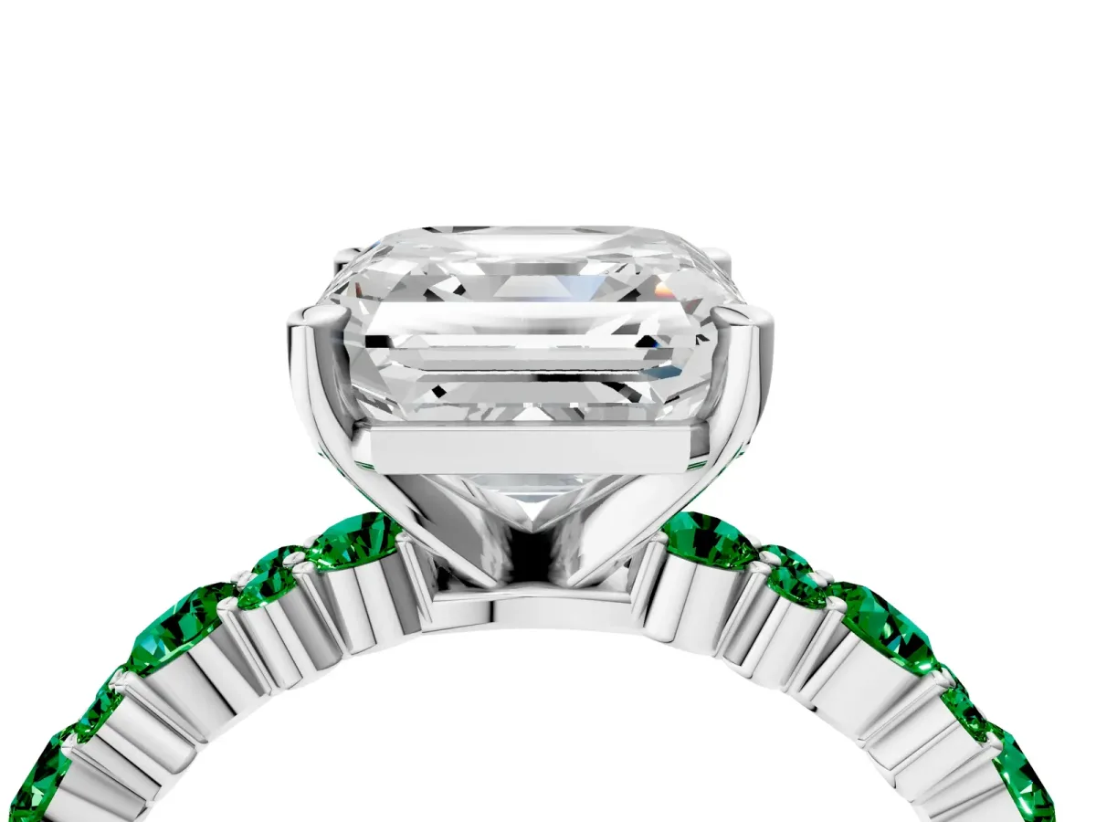 Asscher Cut Diamond Side Stone Solitaire Ring with Round Emerald and Four-Prong Setting Platinum