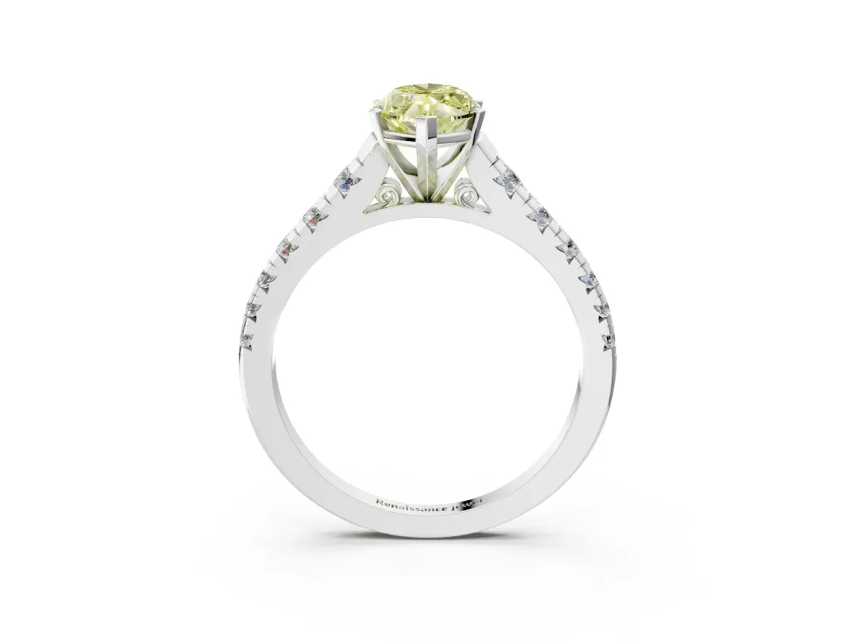 Fancy Yellow Marquise Cut Diamond Cathedral Solitaire Ring with Round Pavé Band Platinum