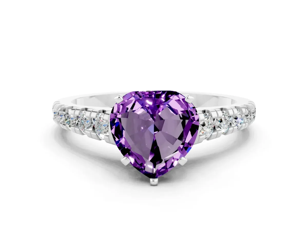 Heart Cut Amethyst Cathedral Solitaire Ring with Round Pavé Band White gold