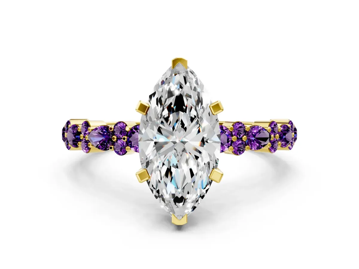 Marquise Cut Diamond Side Stone Solitaire Ring with Round Amethyst and Four-Prong Setting Yellow gold