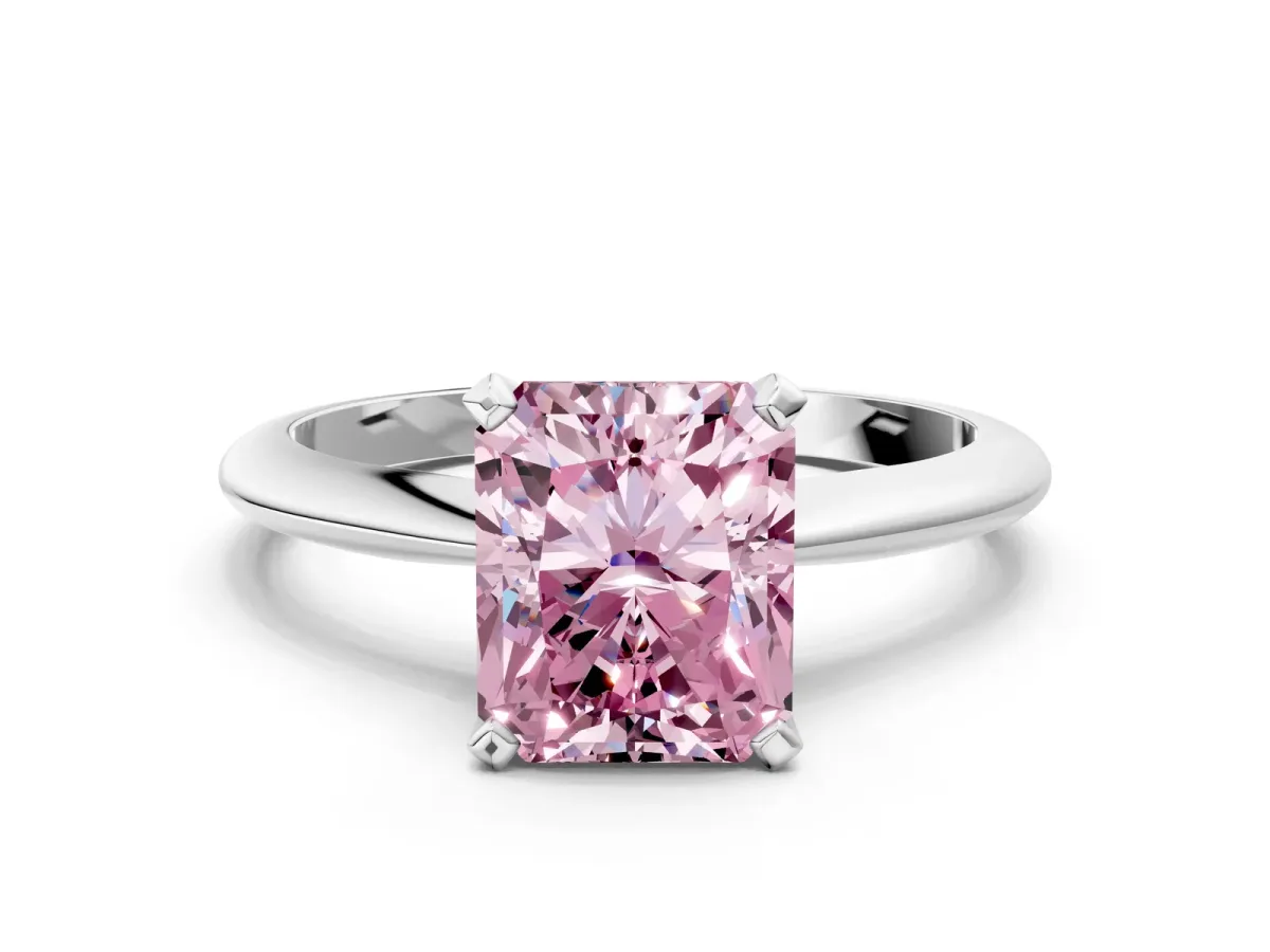 Fancy Pink Radiant Cut Diamond Solitaire Engagement Ring with Classic Band and Four-Prong Setting Silver