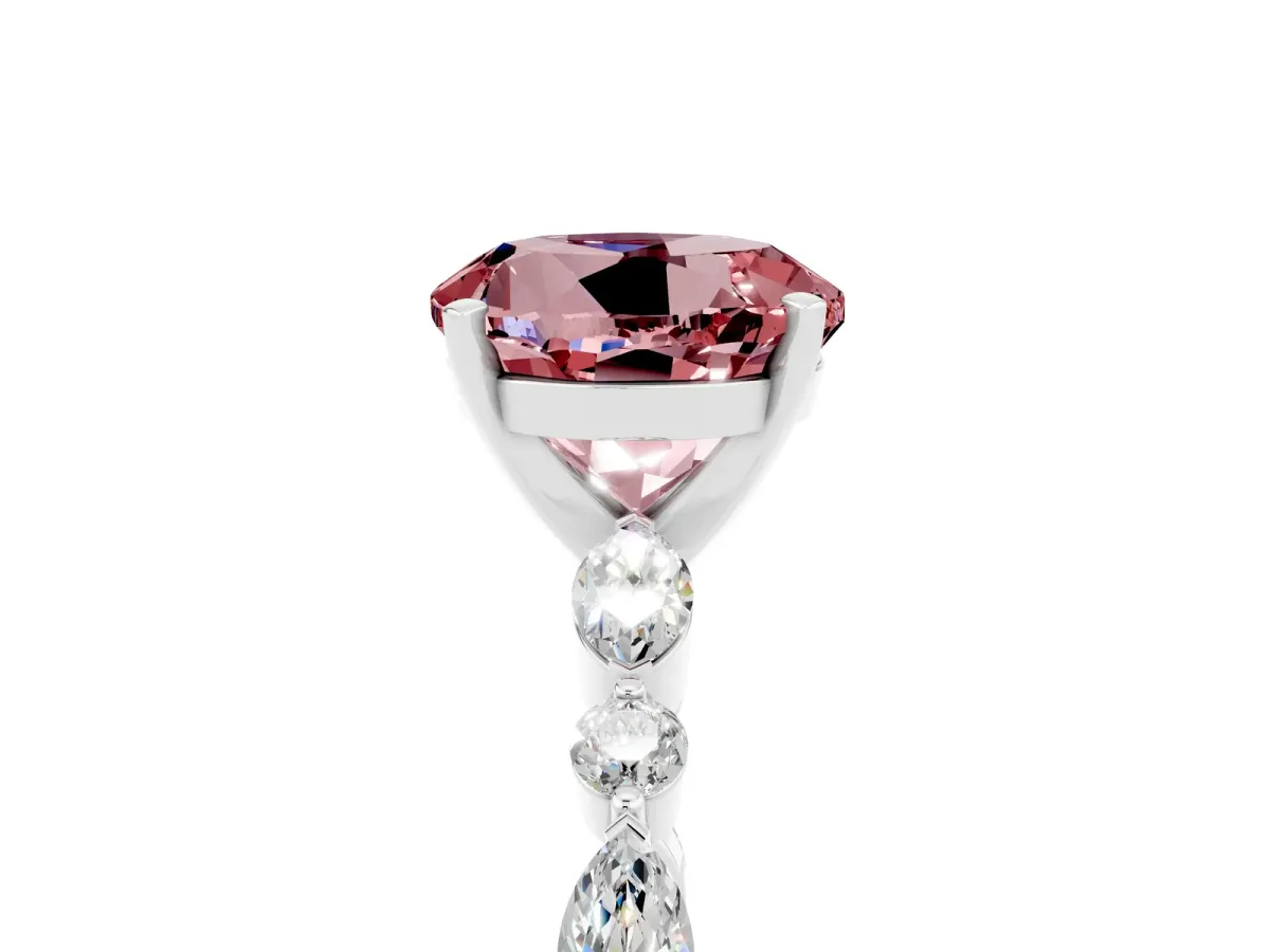 Round Cut Morganite Ring with Marquise and Round Side Stones and Four-Prong Setting Platinum