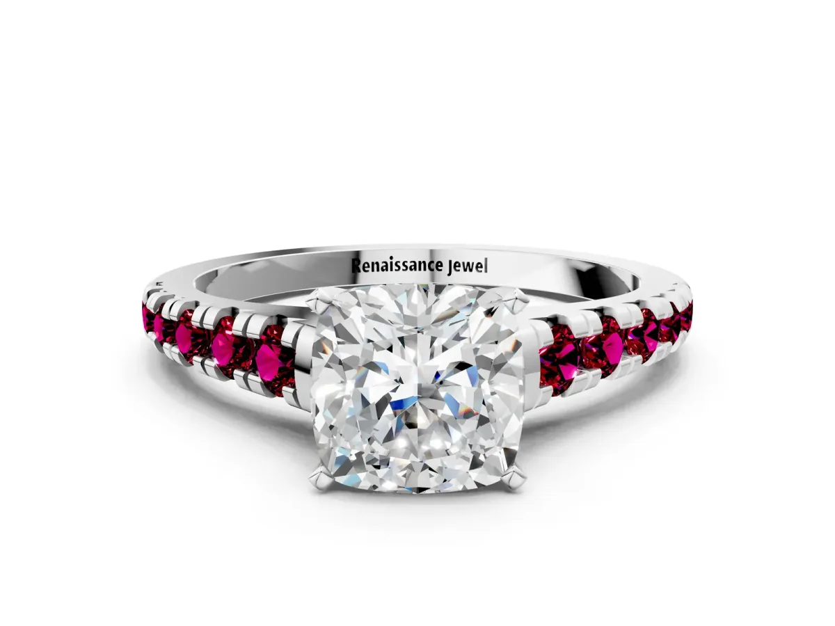 Cushion Cut Diamond Cathedral Solitaire Ring with Round Garnet Pavé Band Platinum