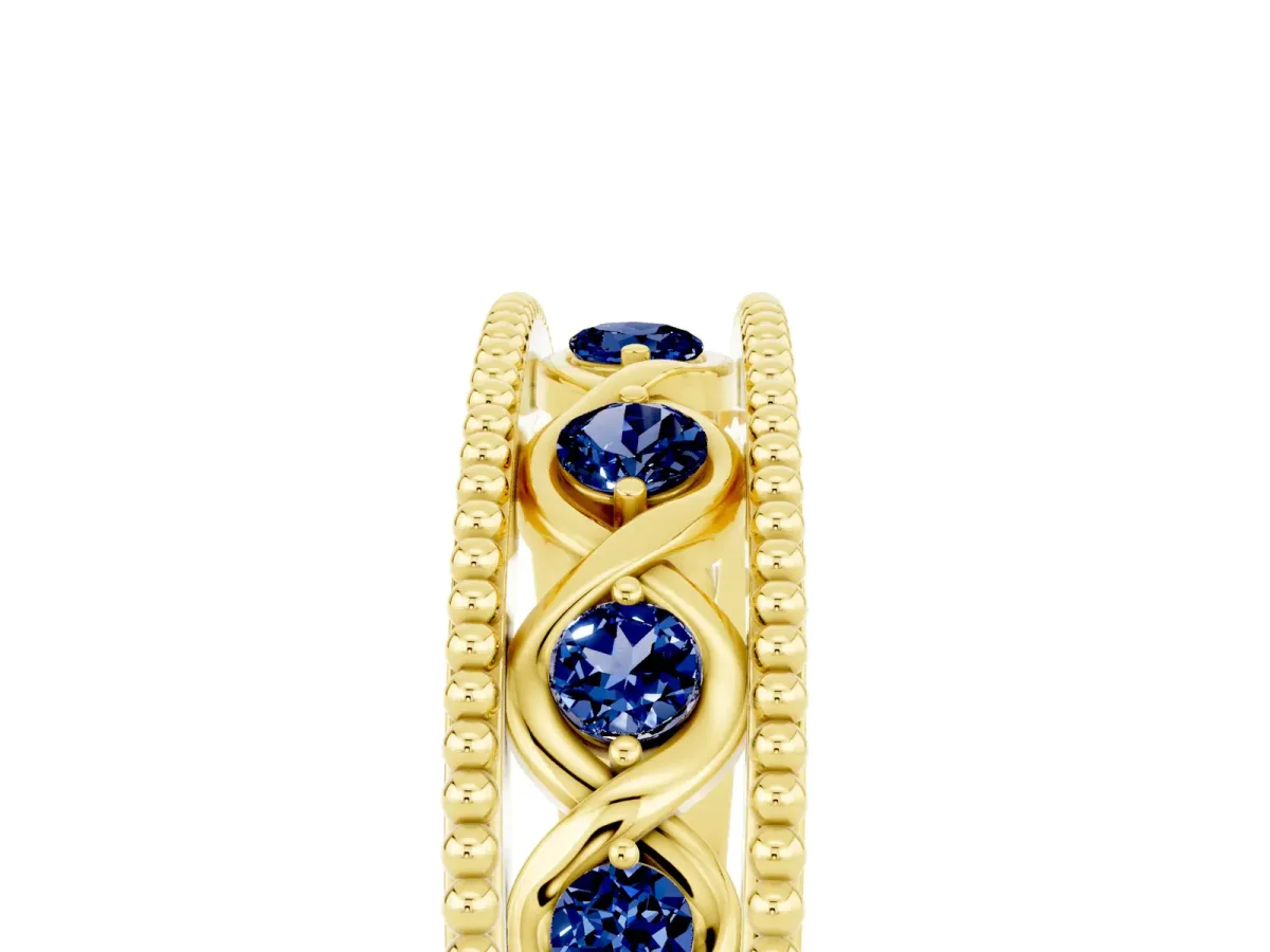 Round Blue Sapphire Twist Milgrain Band with Bezel Setting Yellow gold
