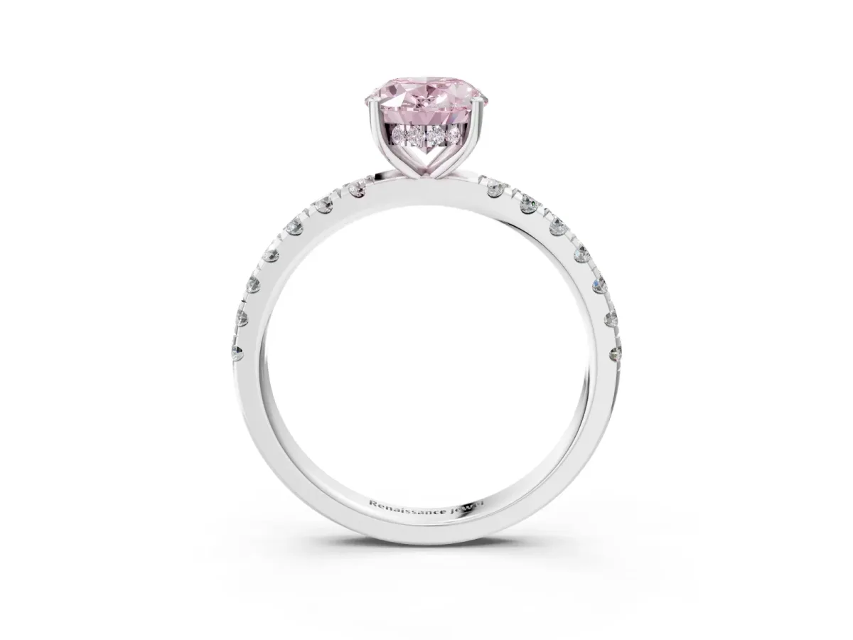 Fancy Pink Oval Cut Diamond Pave Band Solitaire Ring with Round and Prong Setting Platinum