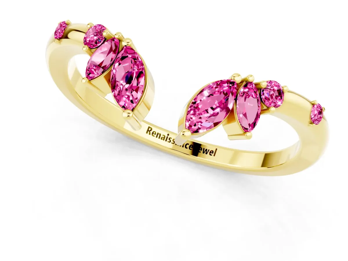 Open Marquise Cluster Pink Sapphire Band with Prong Setting Yellow gold