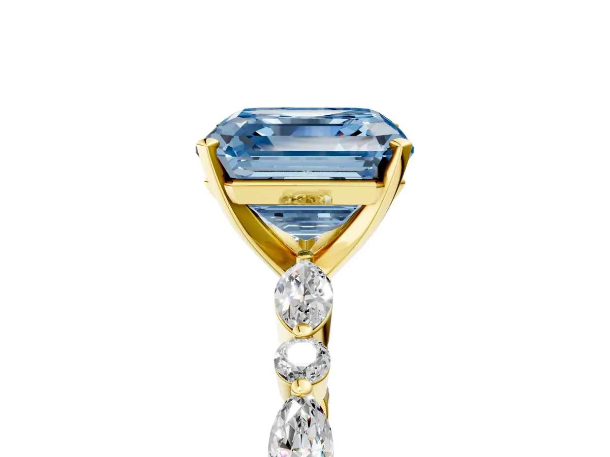 Fancy Blue Asscher Cut Diamond Ring with Marquise and Round Side Stones and Four-Prong Setting Yellow gold