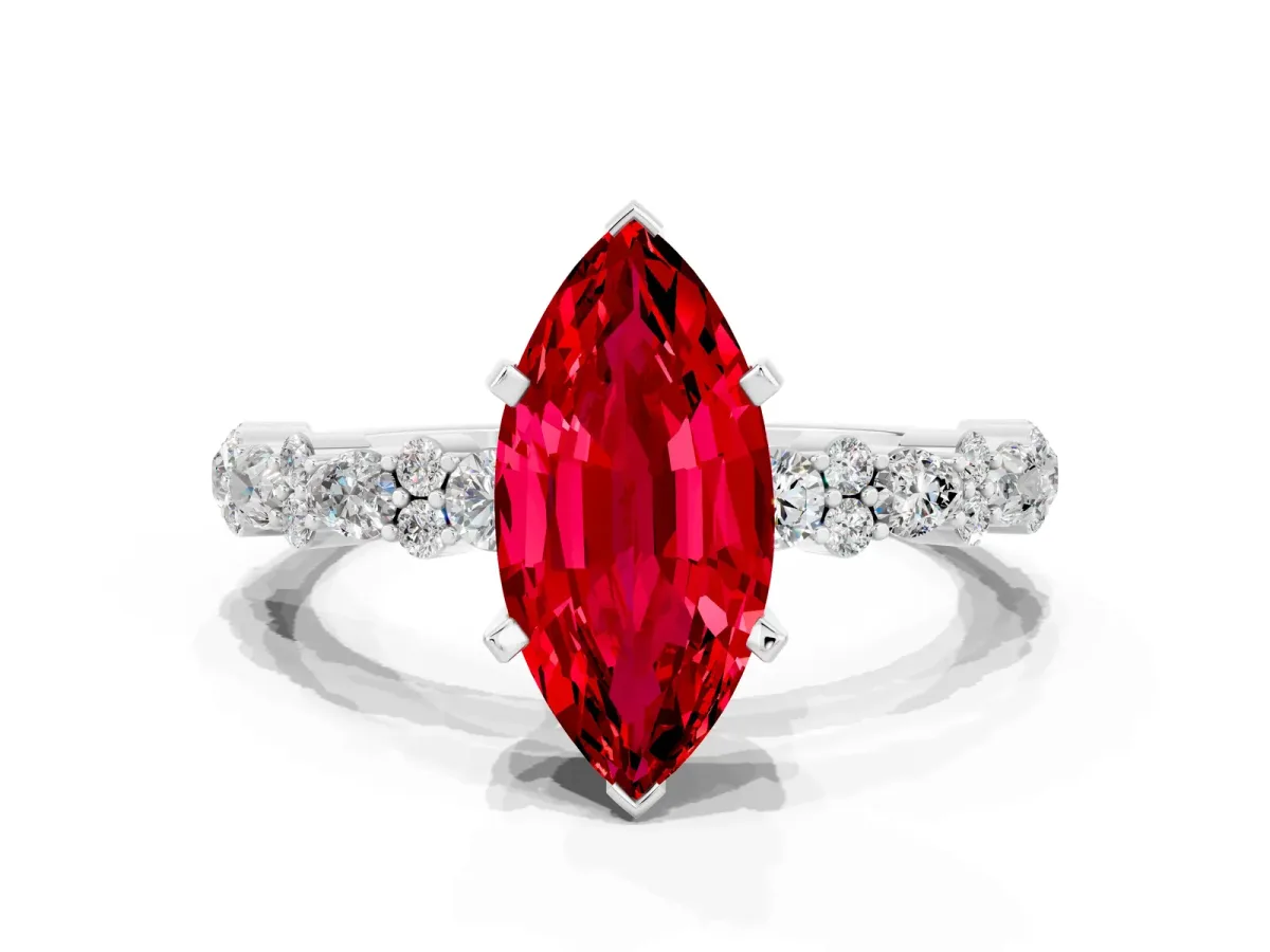 Marquise Cut Ruby Side Stone Solitaire Ring with Round and Four-Prong Setting Platinum