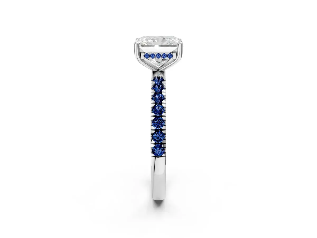 Radiant Cut Diamond Pave Band Solitaire Ring with Round Blue Sapphire and Prong Setting Silver