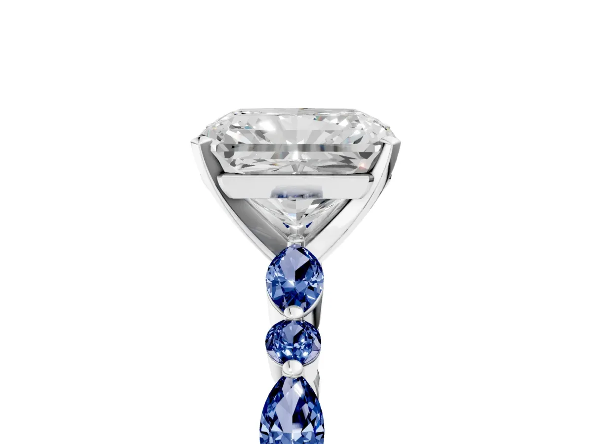 Radiant Cut Diamond Ring with Marquise and Round Blue Sapphire Side Stones and Four-Prong Setting Silver