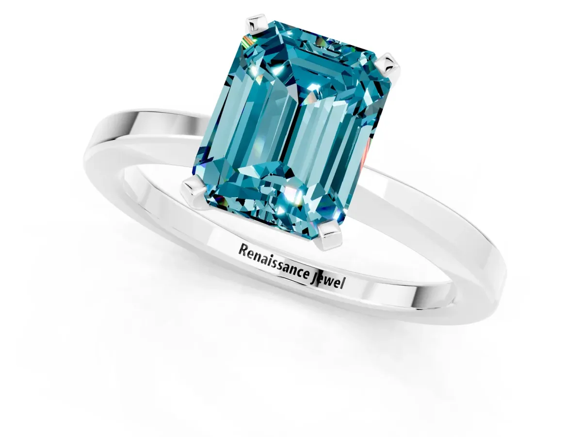 Emerald Cut Blue Topaz Solitaire Engagement Ring with Classic Band and Four-Prong Setting Platinum