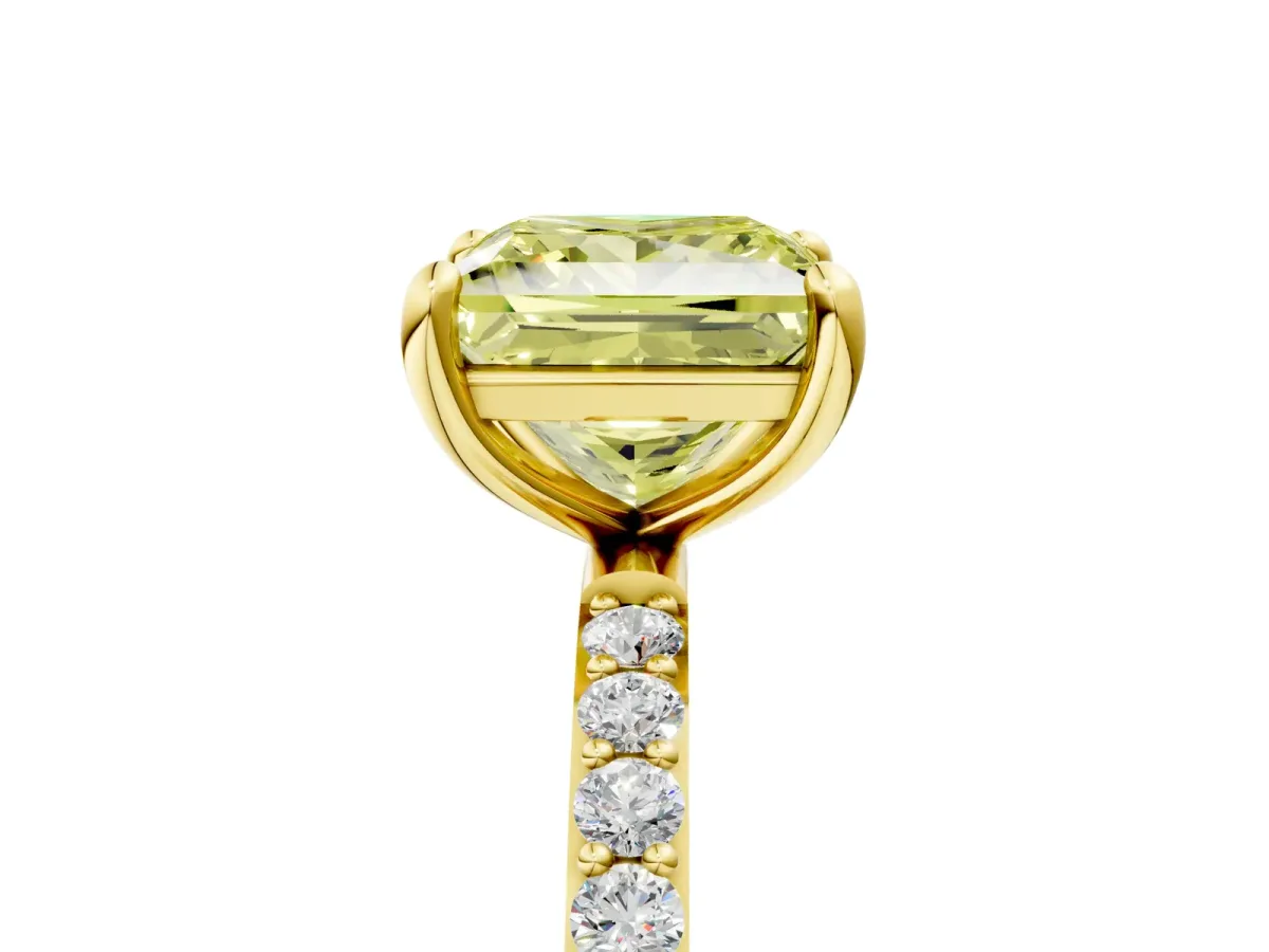 Fancy Yellow Princess Cut Diamond Solitaire Ring with Round Pavé Band and Prong Setting Yellow gold