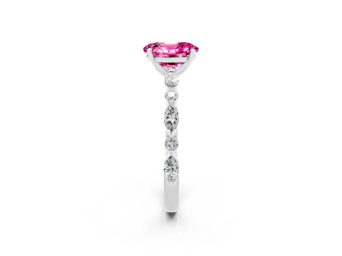 Oval Cut Pink Sapphire Ring with Marquise and Round Side Stones and Four-Prong Setting Platinum