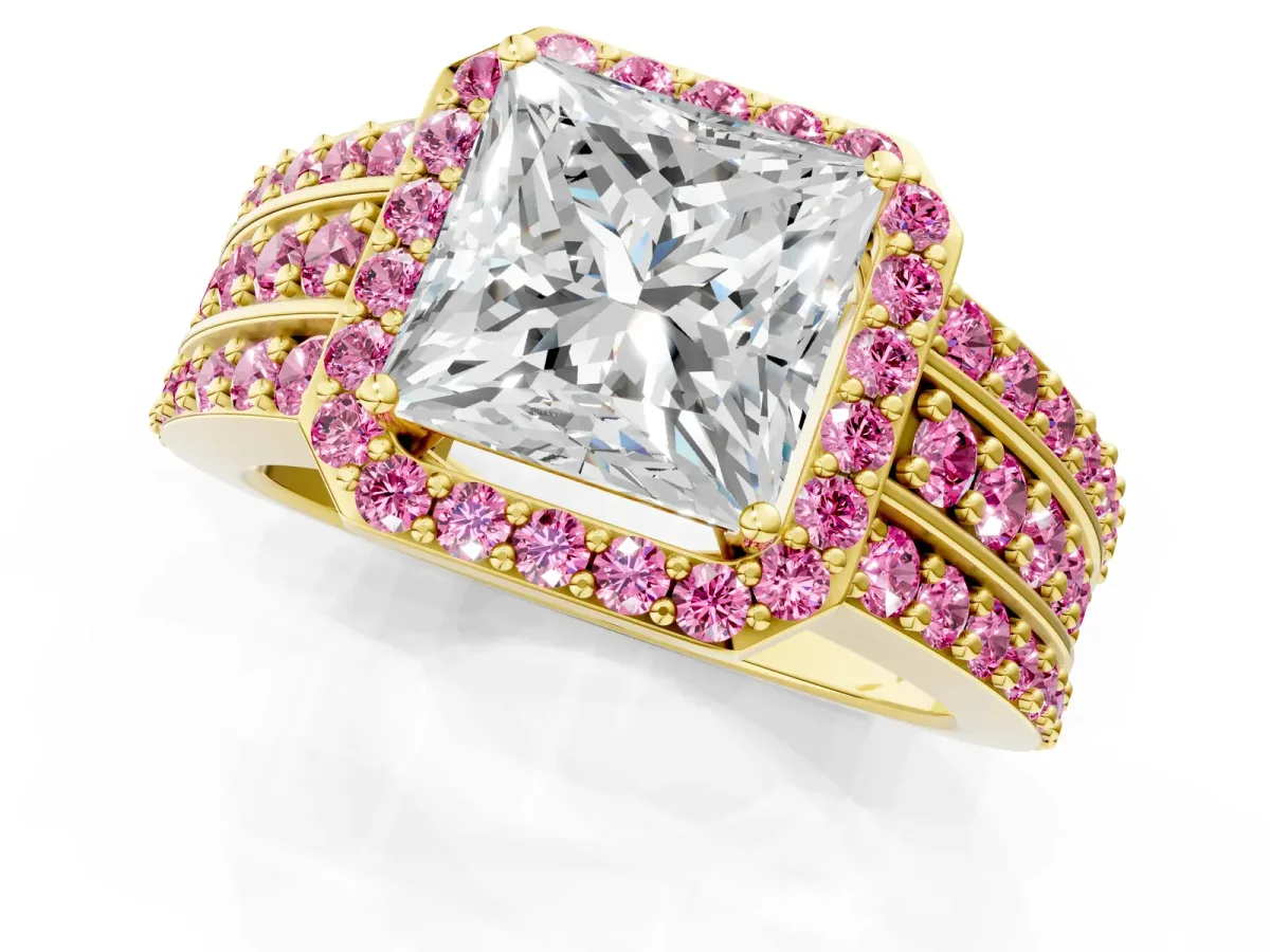 Princess Cut Halo Diamond Ring with Round Pink Sapphire Split Shank and Prong Setting Yellow gold