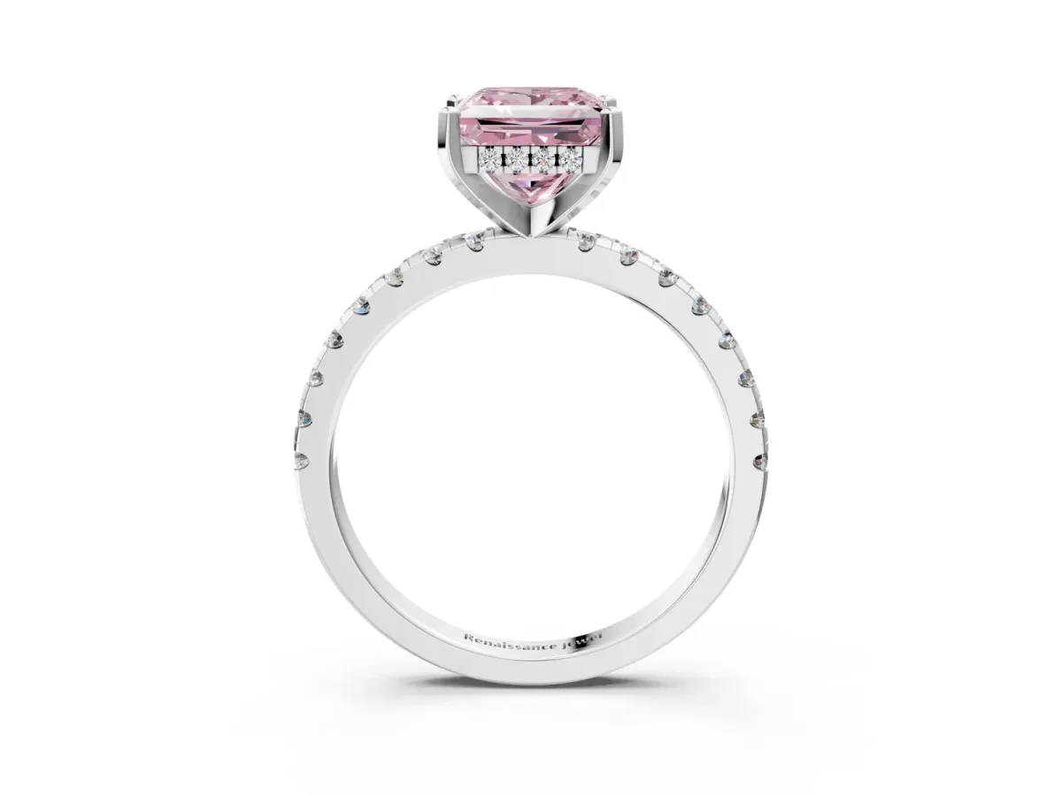 Fancy Pink Princess Cut Diamond Solitaire Ring with Round Pavé Band and Four-Prong Setting Platinum