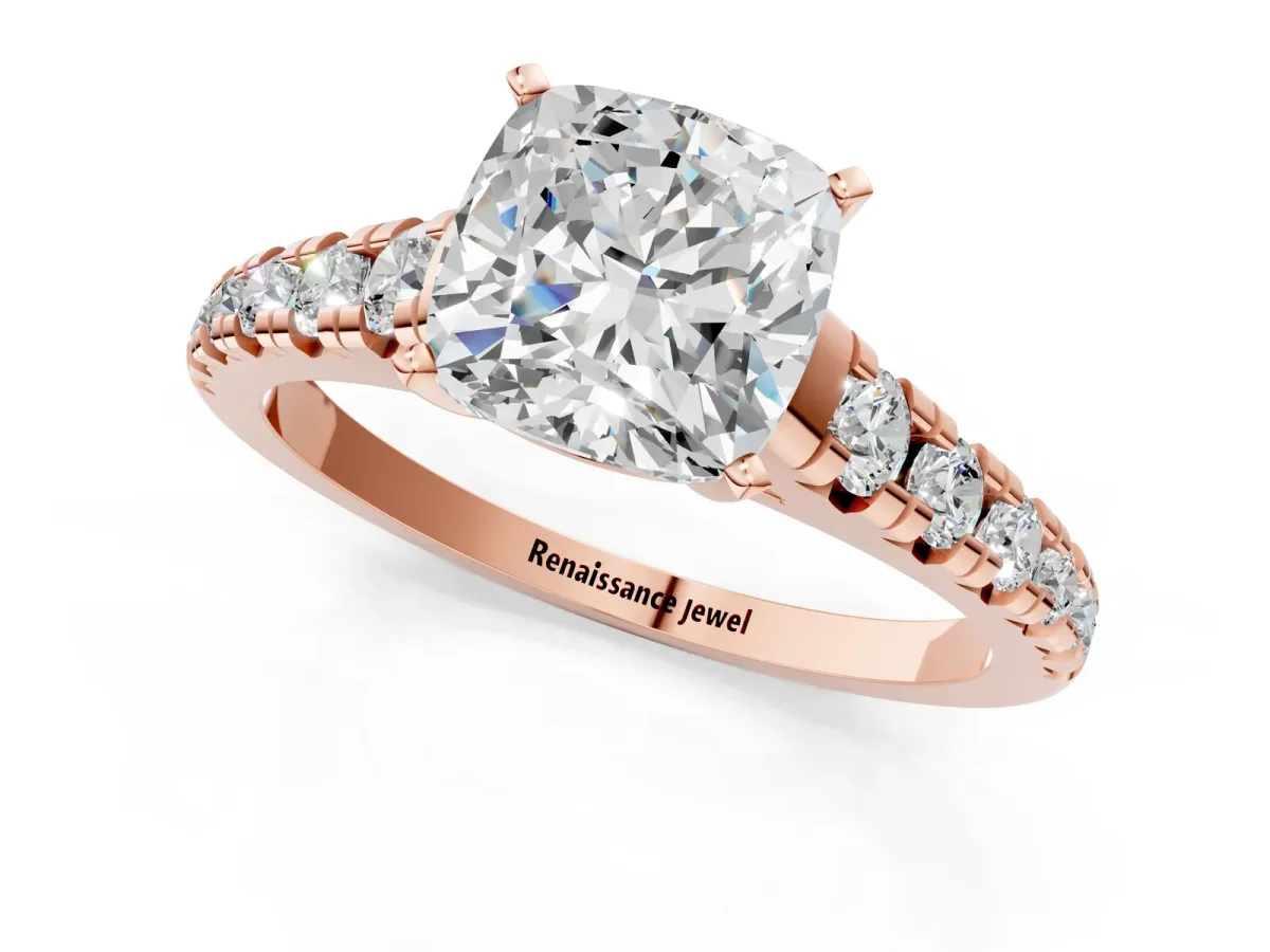 Cushion Cut Diamond Cathedral Solitaire Ring with Round Pavé Band Rose gold