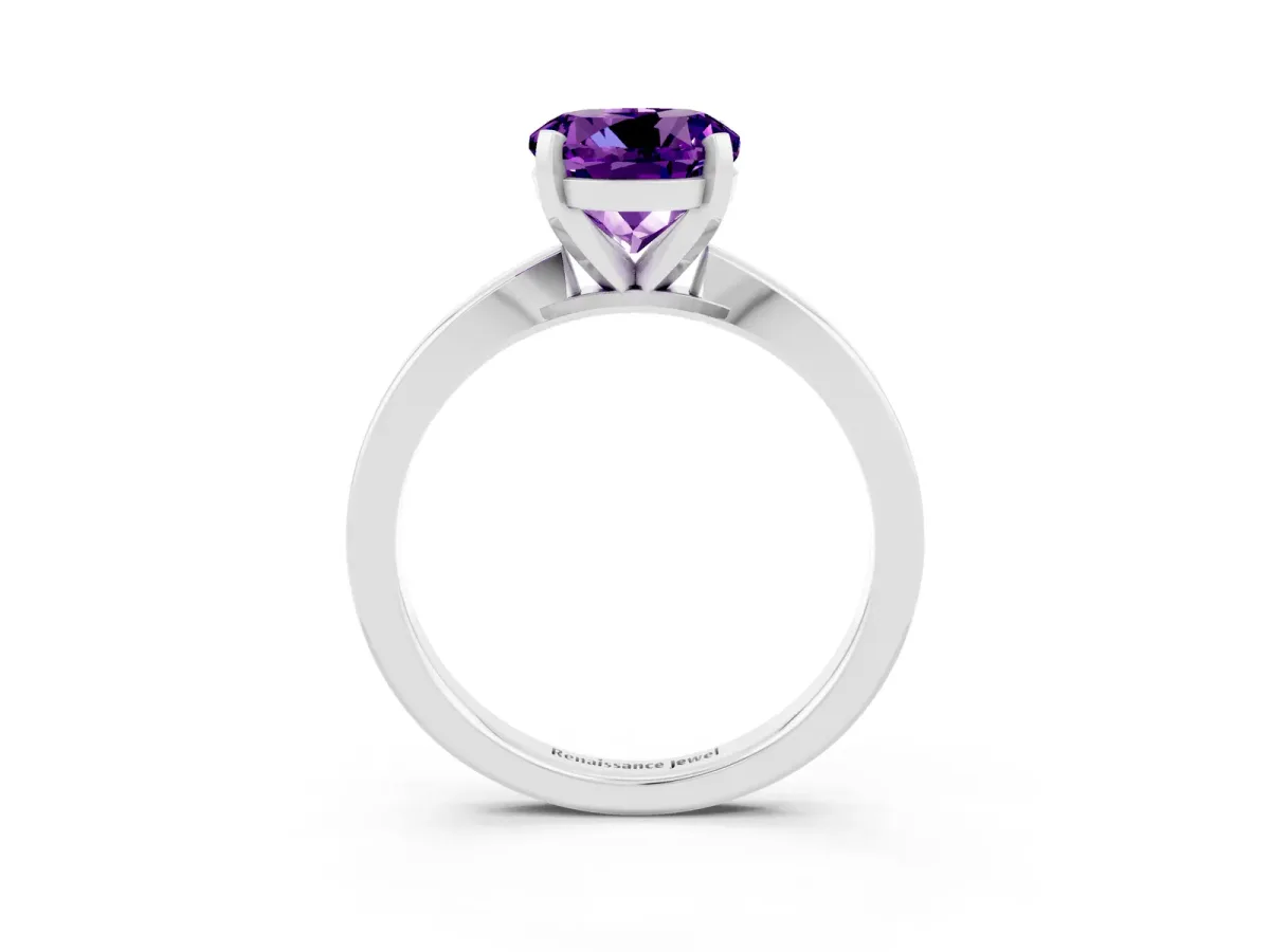 Round Cut Amethyst Solitaire Engagement Ring with Classic Band and Four-Prong Setting White gold