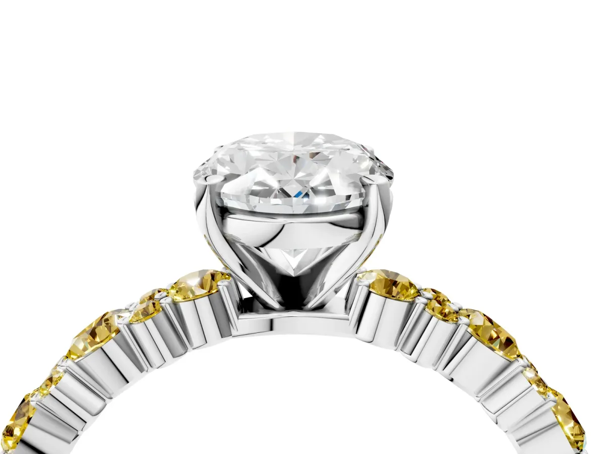 Oval Cut Diamond Side Stone Solitaire Ring with Round Yellow Sapphire and Four-Prong Setting White gold