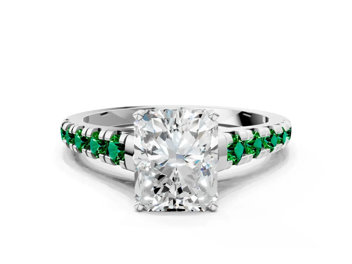 Radiant Cut Diamond Cathedral Solitaire Ring with Round Emerald Pavé Band Silver