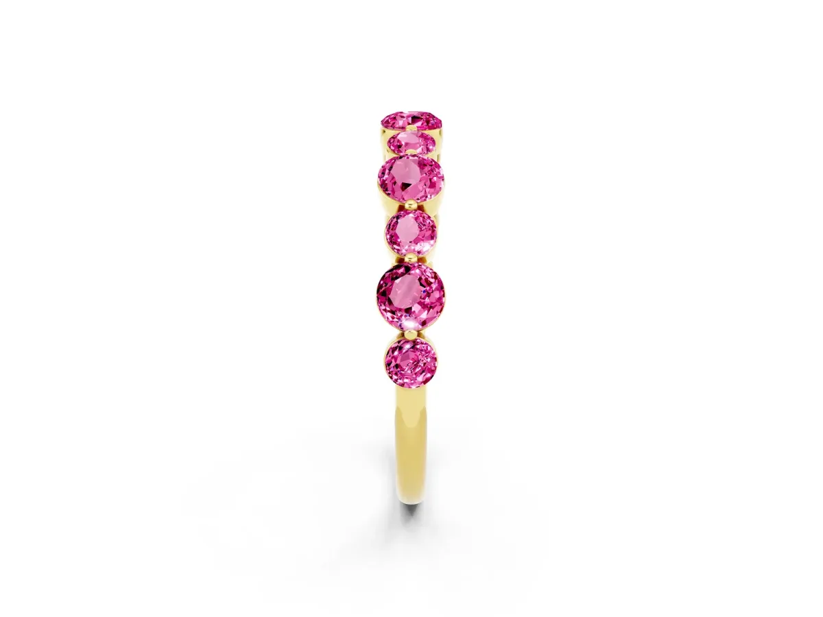 Round Pink Sapphire Scalloped Prong Set Eternity Band Yellow gold