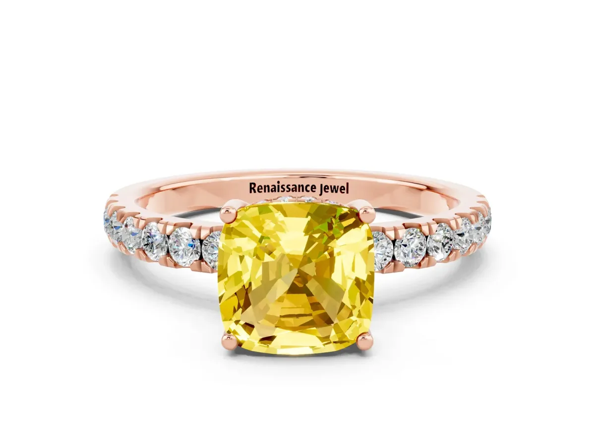 Cushion Cut Yellow Sapphire Pave Band Solitaire Ring with Round and Prong Setting Rose gold