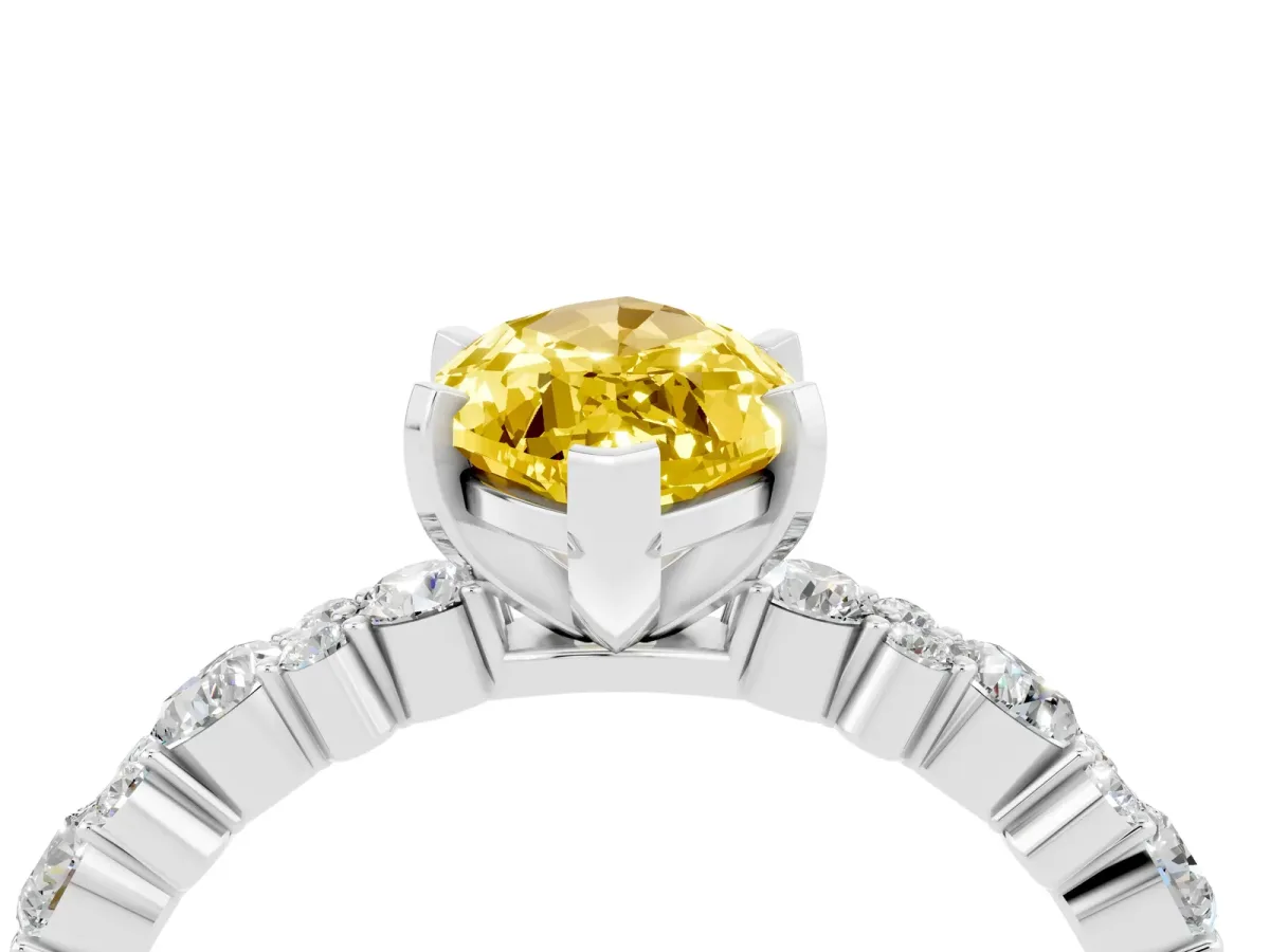 Marquise Cut Yellow Sapphire Side Stone Solitaire Ring with Round and Four-Prong Setting White gold