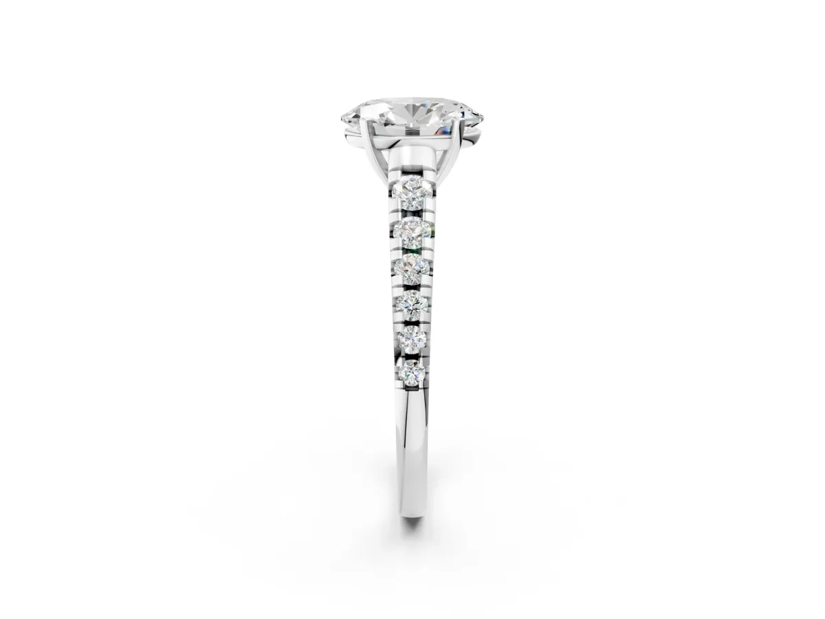 Oval Cut Diamond Cathedral Solitaire Ring with Round Moissanite Pavé Band White gold