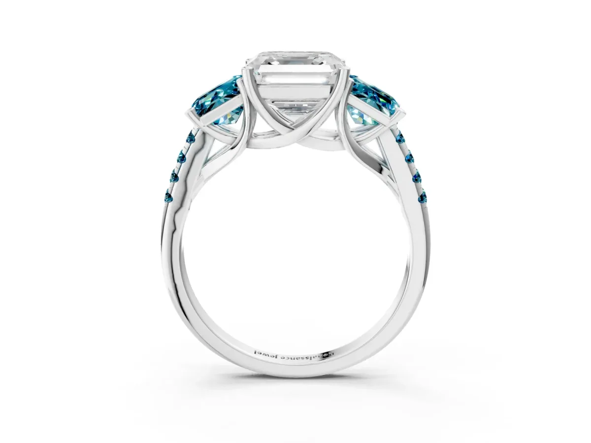 Three-Stone Asscher Cut Diamond Ring with Round Blue Topaz Pavé Band and Prong Setting White gold
