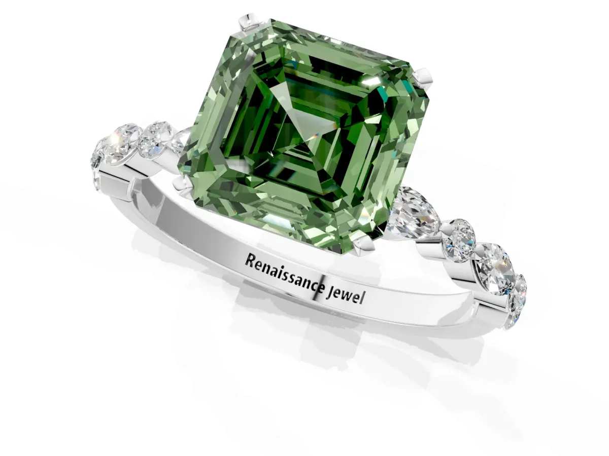 Fancy Green Asscher Cut Diamond Ring with Marquise and Round Side Stones and Four-Prong Setting Silver