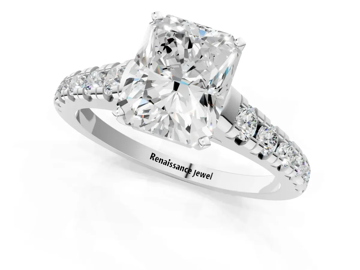 Radiant Cut Diamond Cathedral Solitaire Ring with Round Moissanite Pavé Band Platinum