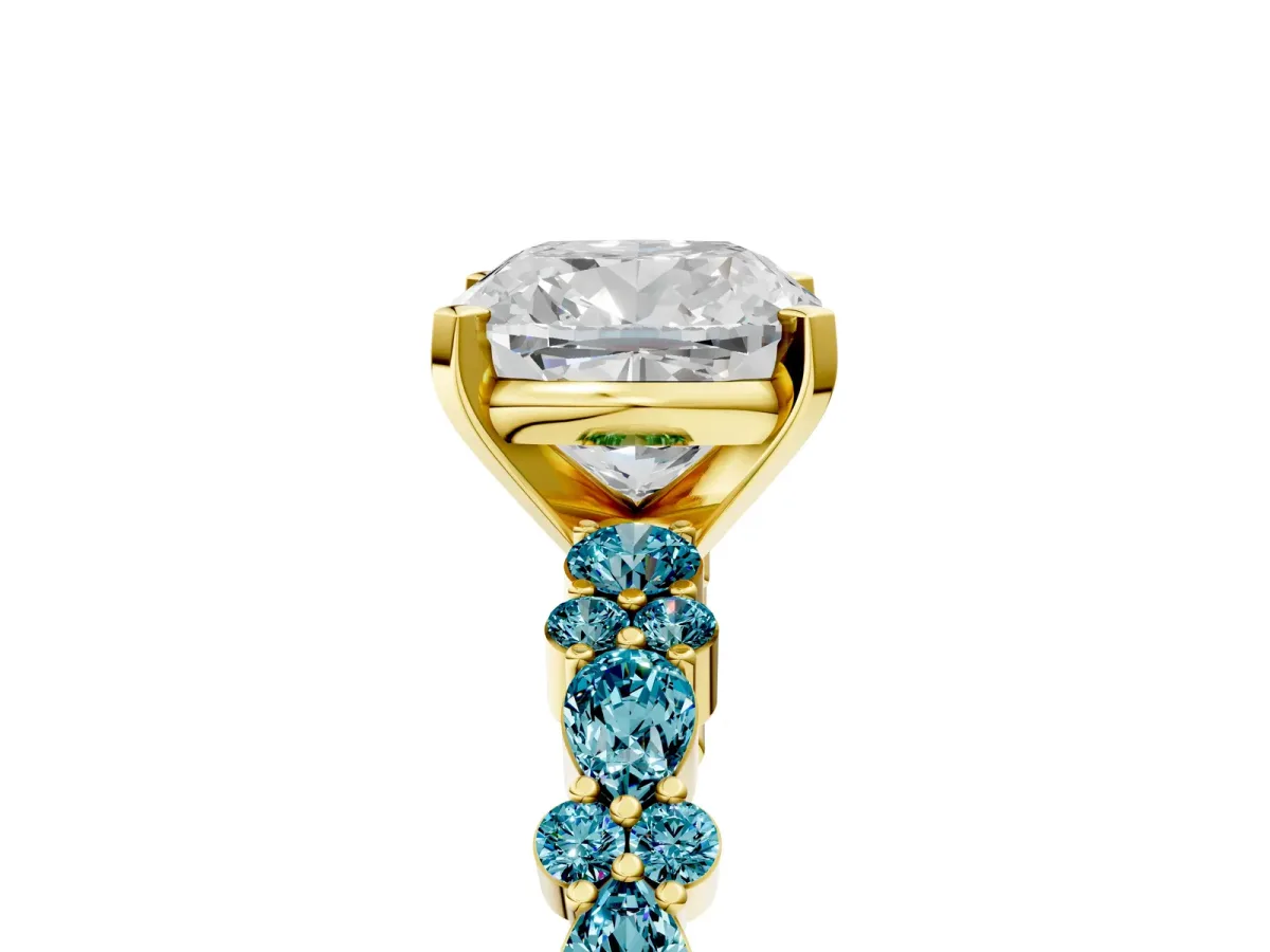 Cushion Cut Diamond Side Stone Solitaire Ring with Round Blue Topaz and Four-Prong Setting Yellow gold