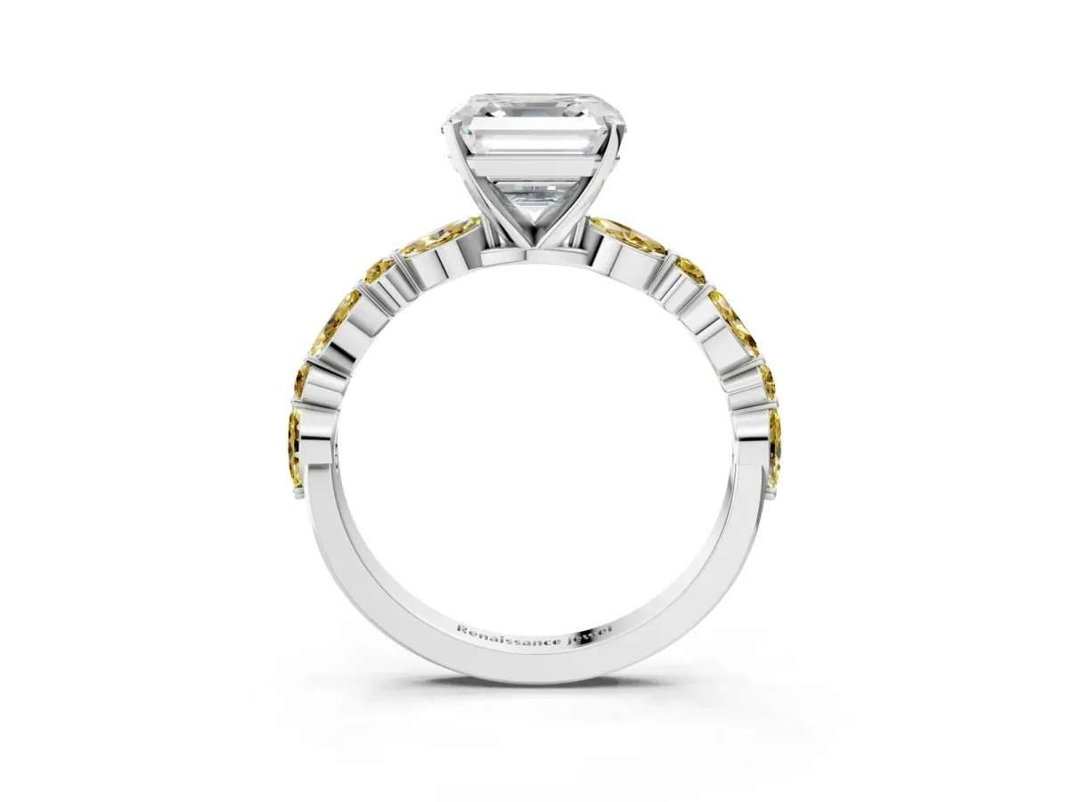 Asscher Cut Diamond Ring with Marquise and Round Yellow Sapphire Side Stones and Four-Prong Setting Silver