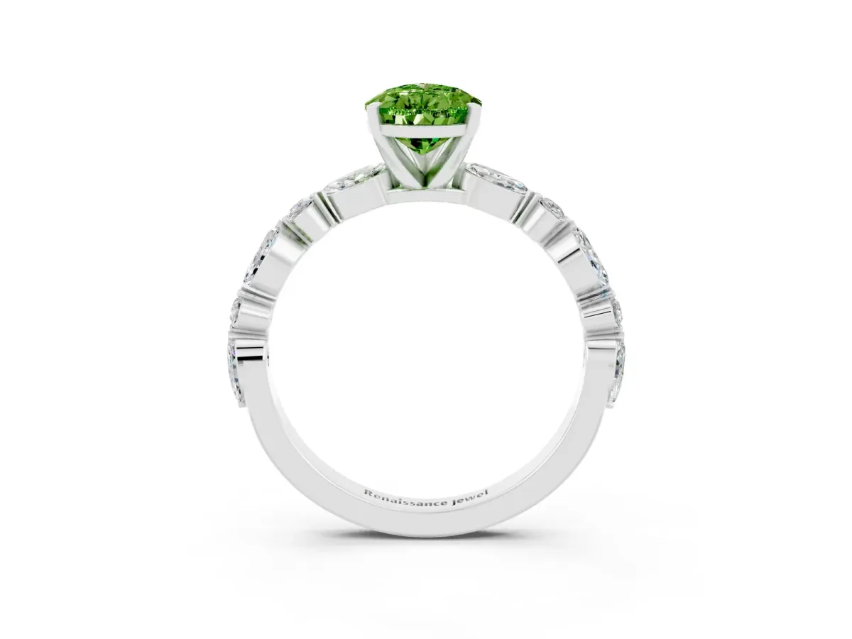 Pear Cut Peridot Ring with Marquise and Round Side Stones and Four-Prong Setting Silver