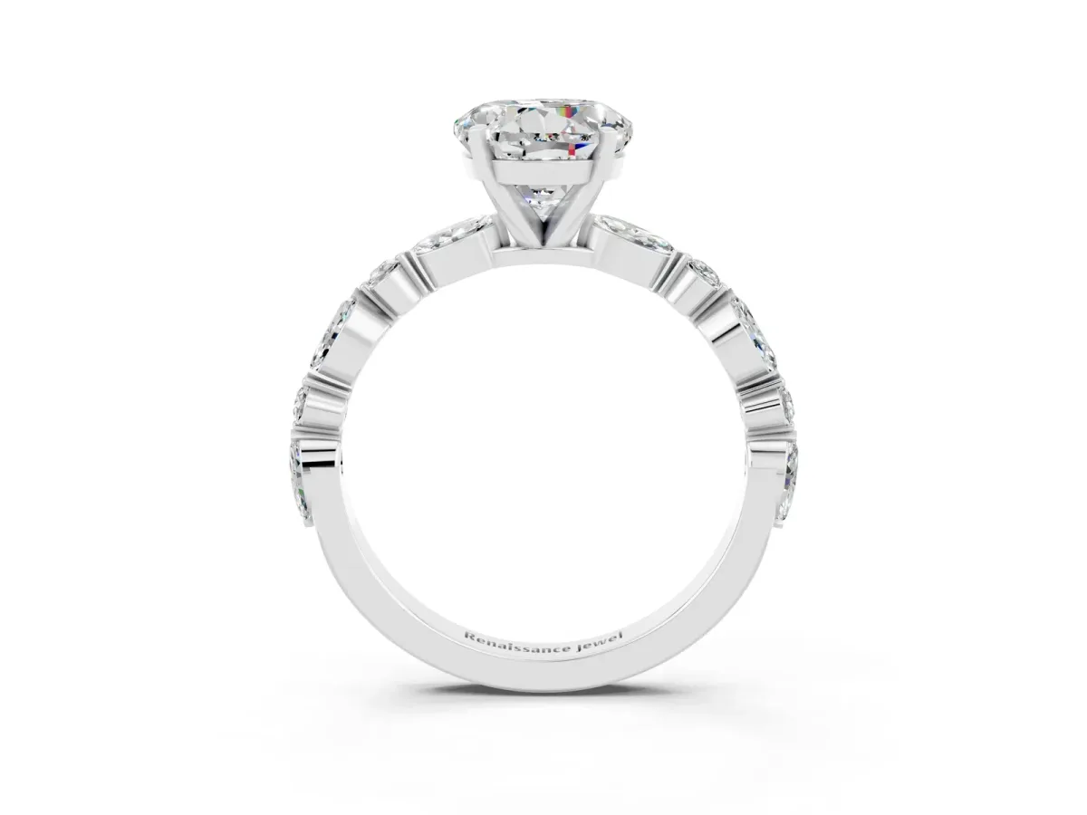 Round Cut Moissanite Ring with Marquise and Round Side Stones and Four-Prong Setting Silver