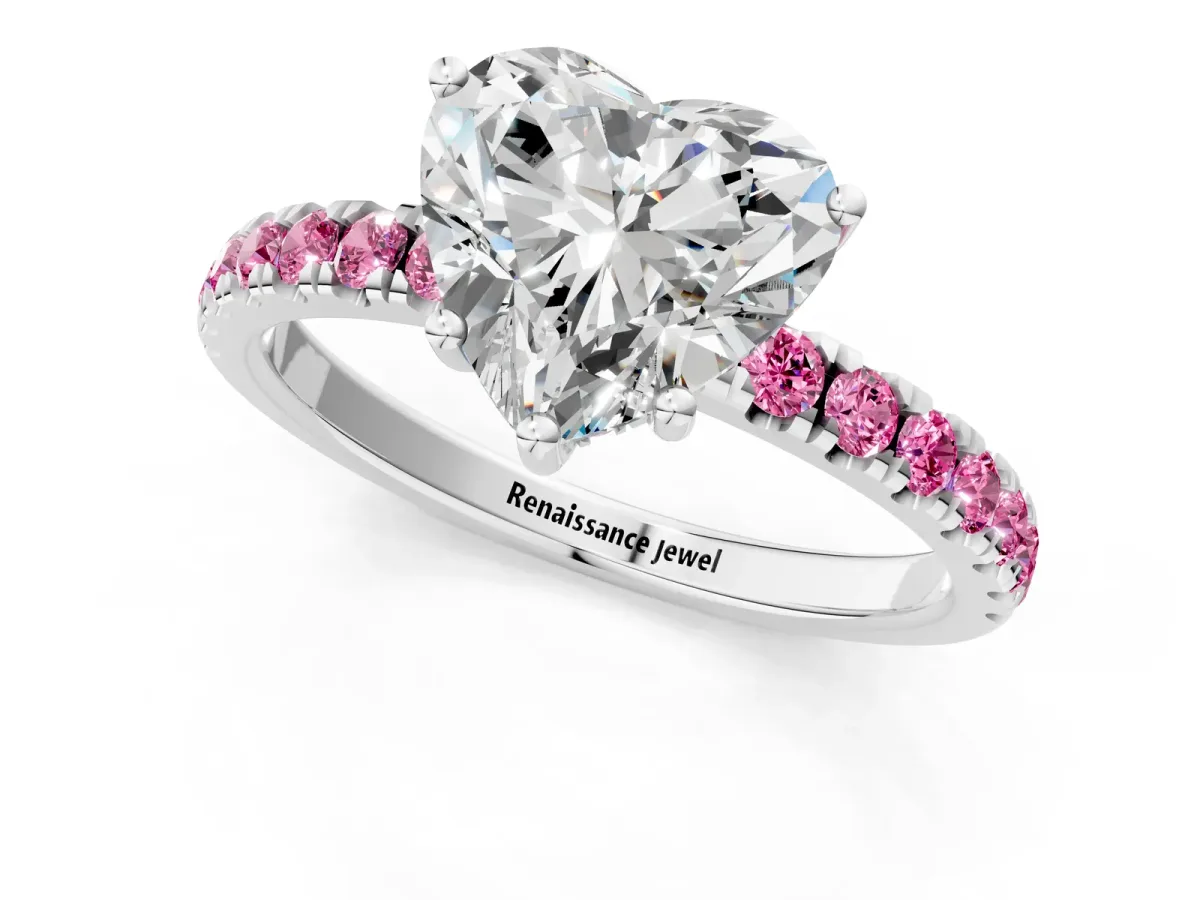Heart Cut Diamond Pave Band Solitaire Ring with Round Pink Sapphire and Prong Setting Platinum