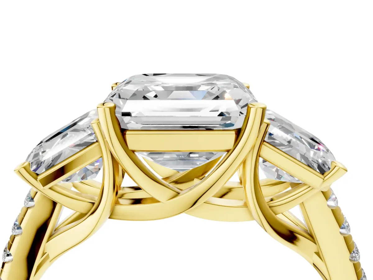 Three-Stone Asscher Cut Diamond Ring with Round Moissanite Pavé Band and Prong Setting Yellow gold