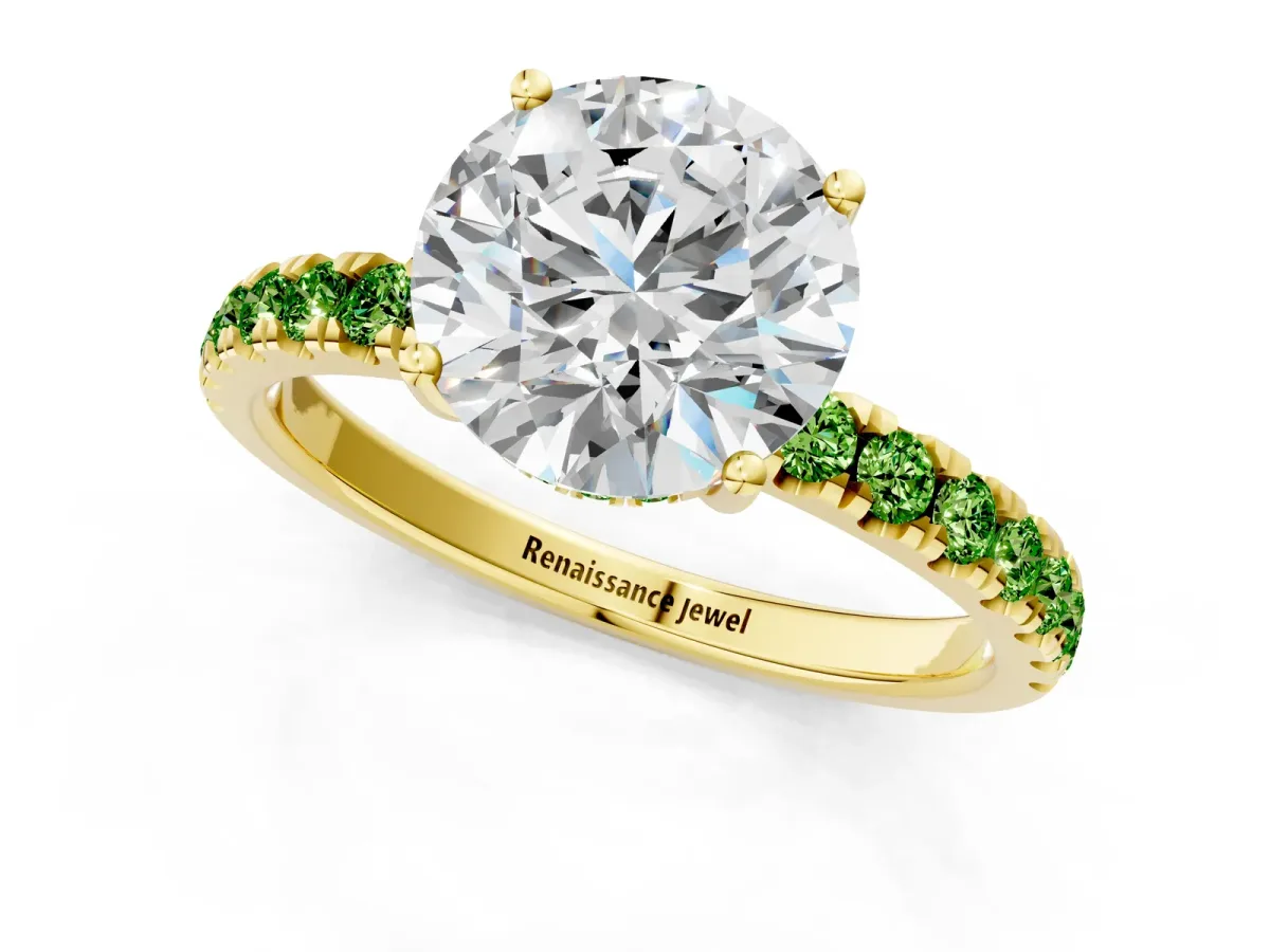 Round Cut Diamond Pave Band Solitaire Ring with Round Peridot and Prong Setting Yellow gold